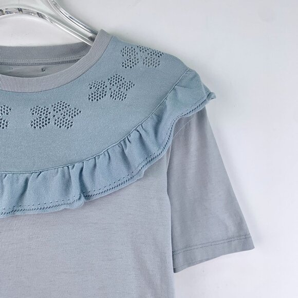 Miu Miu Light Blue Lotus Leaf Lace Cutout Round Neck Short-Sleeve T-Shirt Size S - Picture 7 of 8